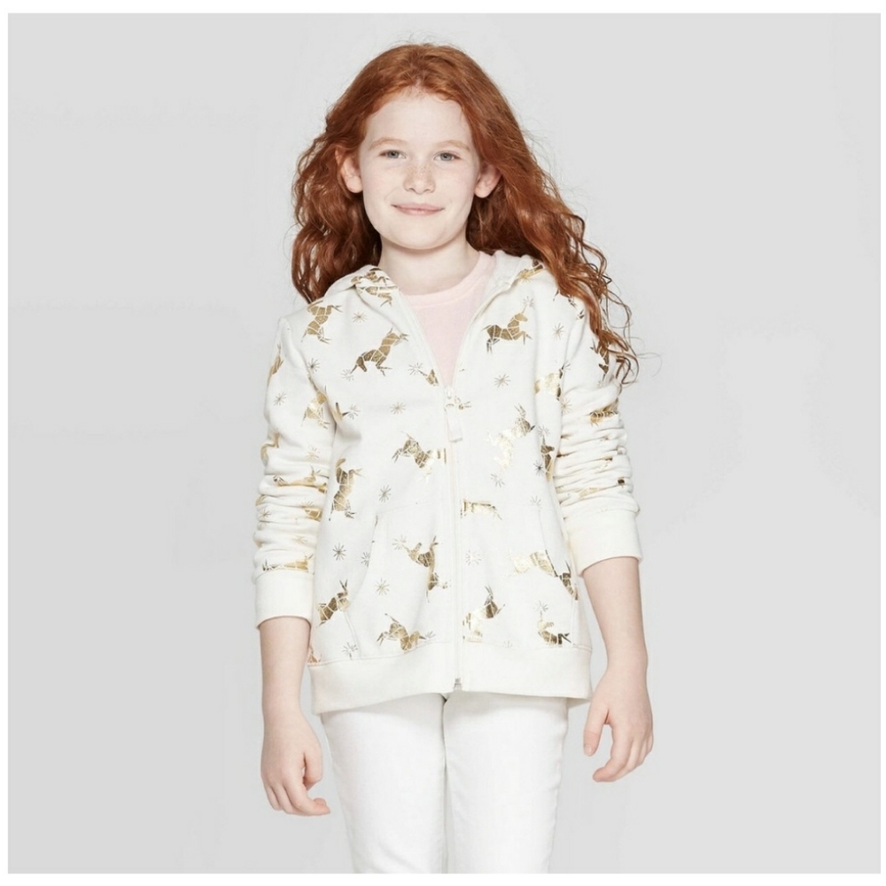 🤩BOGOFREE🤩 XL 14/16 GIRLS Cat & Jack Target Cream & Gold Unicorn Hoodie Jacket